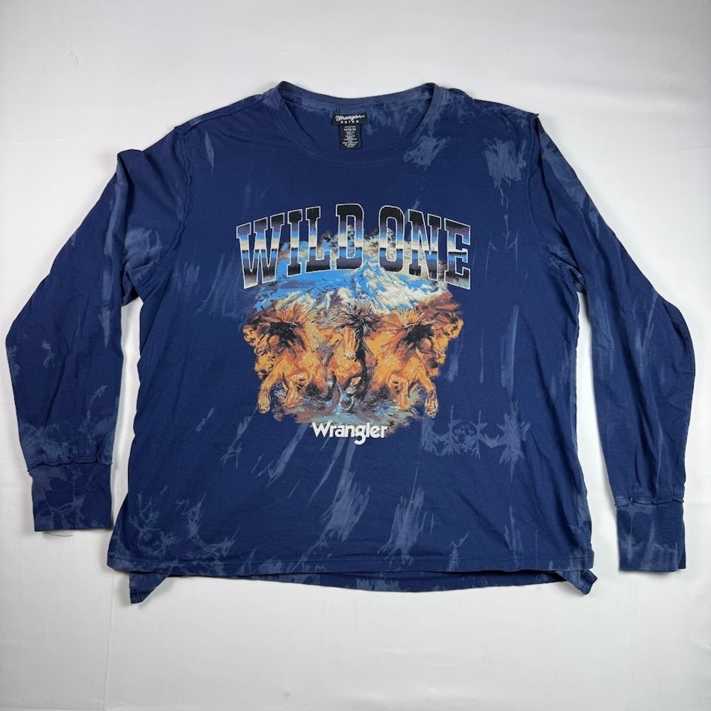 Wrangler Retro Shirt Wild One Horse Graphic Long Sleeve Blue Acid Wash Womens M
